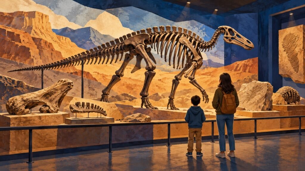 Ilustración editorial de una familia observando fósiles de dinosaurio en un museo; imagen generada con IA, no documental.