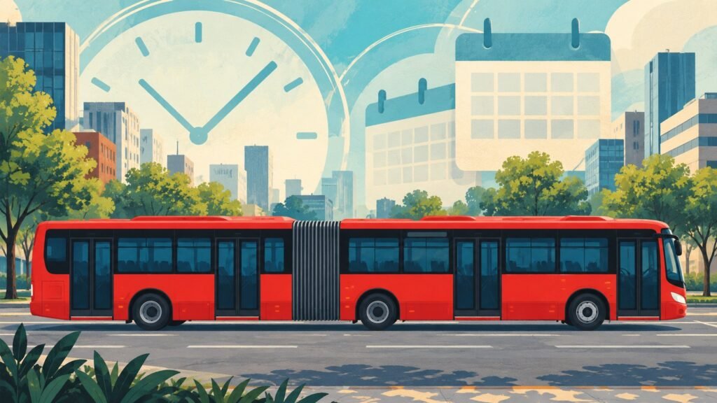 Ilustración editorial generada con IA: autobús articulado rojo en una avenida urbana genérica, con motivos abstractos de reloj y calendario.