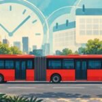 Ilustración editorial generada con IA: autobús articulado rojo en una avenida urbana genérica, con motivos abstractos de reloj y calendario.