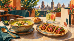 Ilustración editorial generada con IA de comida mexicana; no es una fotografía de un menú o restaurante participante.