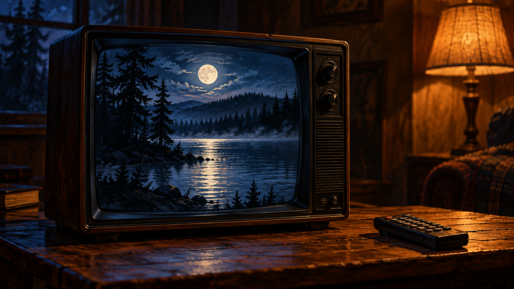 Ilustración conceptual generada con IA de un televisor con paisaje nocturno; no es una escena de Crystal Lake.
