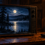 Ilustración conceptual generada con IA de un televisor con paisaje nocturno; no es una escena de Crystal Lake.