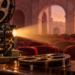 Ilustración editorial generada con IA: proyector de cine, carrete de película, butacas rojas y arcos abstractos; no documenta una función ni una sede del FICM.