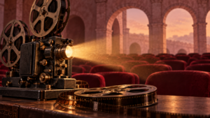Ilustración editorial generada con IA: proyector de cine, carrete de película, butacas rojas y arcos abstractos; no documenta una función ni una sede del FICM.