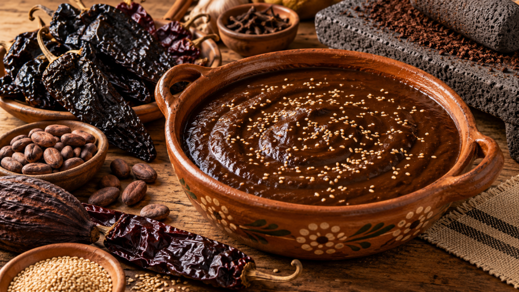 Ilustración generada con IA de una cazuela de mole con ajonjolí, chiles secos, cacao y metate sobre una mesa artesanal; no documenta la Feria Nacional del Mole.