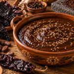 Ilustración generada con IA de una cazuela de mole con ajonjolí, chiles secos, cacao y metate sobre una mesa artesanal; no documenta la Feria Nacional del Mole.