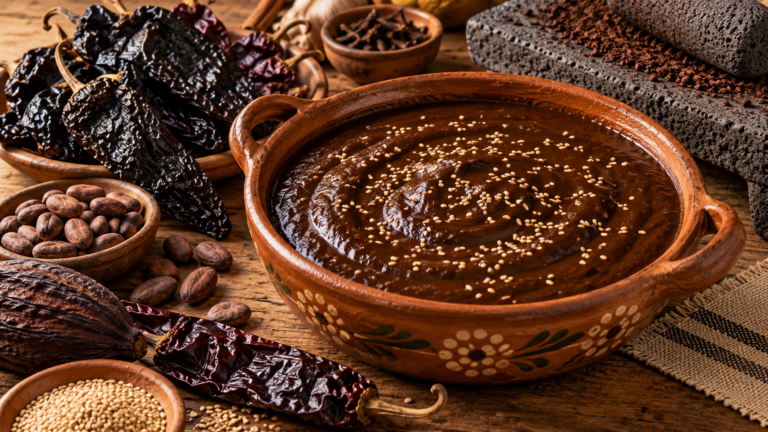 Ilustración generada con IA de una cazuela de mole con ajonjolí, chiles secos, cacao y metate sobre una mesa artesanal; no documenta la Feria Nacional del Mole.