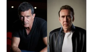 Antonio Banderas y Nicolas Cage en la composición promocional distribuida por HBO para anunciar True Detective 5; no es un fotograma de la temporada.